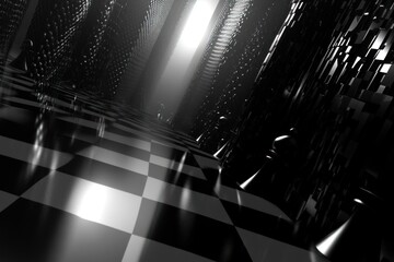 Wall Mural - A black and white checkered floor leads into a dark, abstract, and futuristic corridor with a bright light at the end, featuring rows of metallic geometric shapes that look like chess pieces.