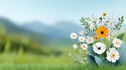 Wall Mural - vibrant colorful wildflowers including daisies and sunflowers blooming in a lush verdant meadow on a