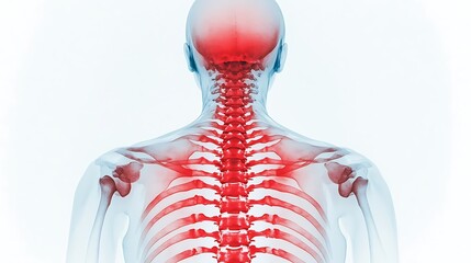 Sticker - Detailed 3D digital rendering of human skeletal anatomy model highlighting the spine shoulder and rib cage structure in a red highlighted medical for research education or diagnostic clinic use