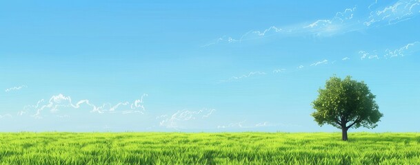 Aufkleber - A Single Tree Standing Tall in a Lush Green Field Under a Clear Blue Sky