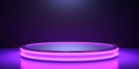 Poster - A circular platform with double neon pink lights in a dark purple setting