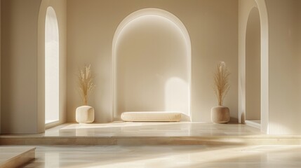 Poster - Minimalist Interior with Arched Windows, a Bench, and Dried Flowers
