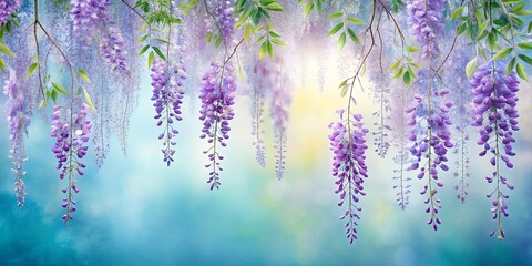 Wall Mural - A Symphony of Delicate Purple Blossoms Cascading Downward Against a Softly Blurred Teal and Yellow Background