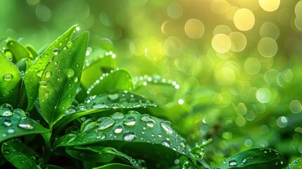 Poster - Dewdrops on Lush Green Leaves with a Bokeh Background
