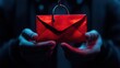 © Waqasiii_Arts  - Phishing from scammers, smishing assault, and spam phishing scheme. The criminal hacker's hand holding a red envelope with a hook icon is used to transmit fraud, malware, and virus-spreading text mess