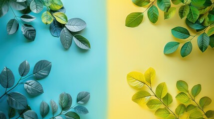 Poster - Green Leaves on a Blue and Yellow Background