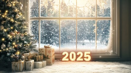 Aufkleber - A decorated Christmas tree stands near a window, illuminated by string lights. The window shows a snowy winter scene, with trees and a soft snowfall.