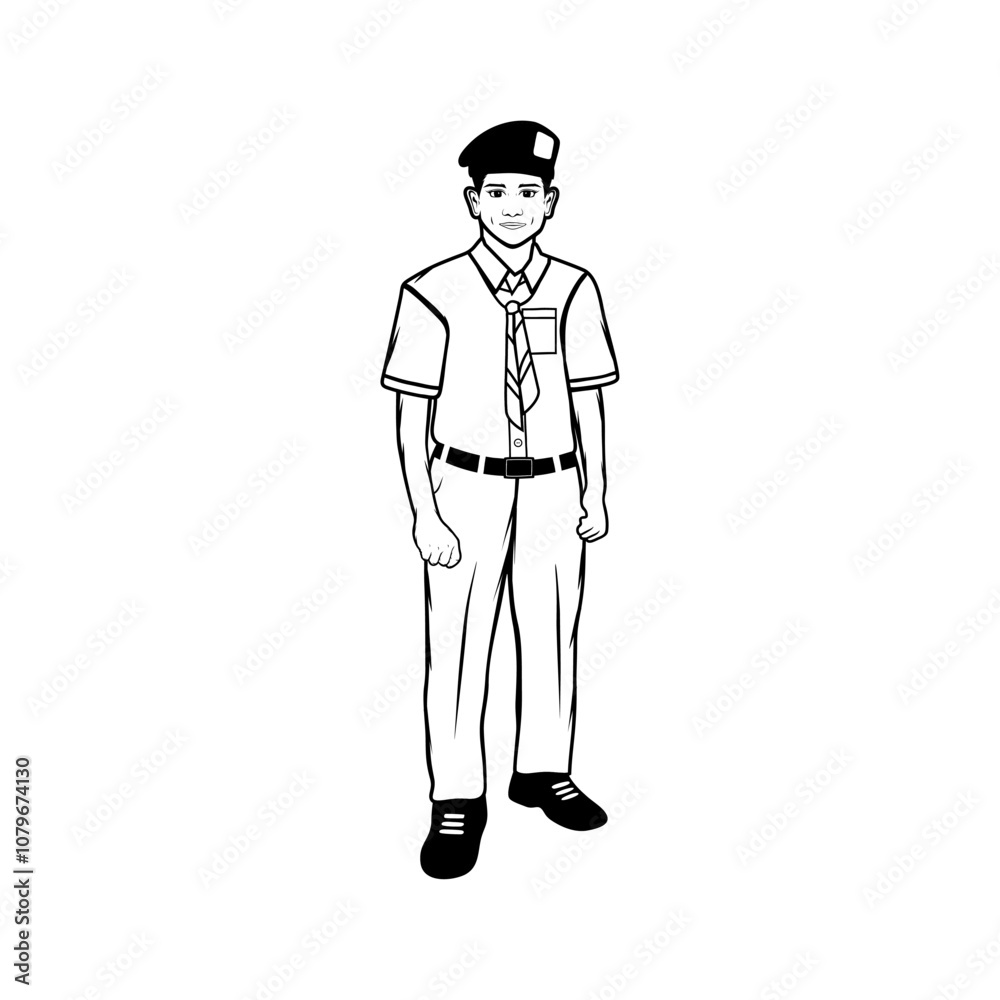 teenage boy in scout uniform wearing a hat black and white vector line ...