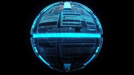 Poster - A glowing blue spherical object with intricate digital patterns, set against a black background, suggesting advanced technology or futuristic design.