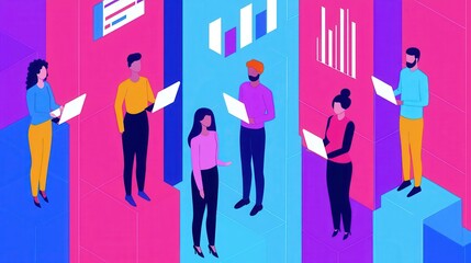 Poster - A vibrant illustration of diverse professionals engaging with digital devices, surrounded by colorful graphs and analytics visualizations.