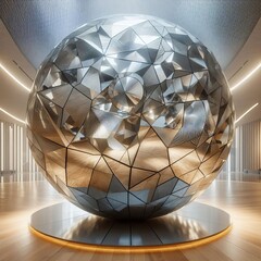 Poster - A large sphere composed of mirrored facets sits at the center of