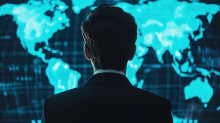 Poster - A businessperson gazes at a digital map, symbolizing global connections and data analysis in a modern, tech-driven environment.