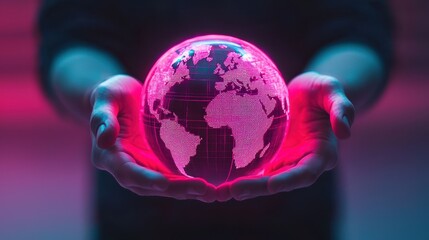 Poster - A glowing globe is cradled in hands, symbolizing global connectivity and technological advancements in a vibrant, futuristic setting.