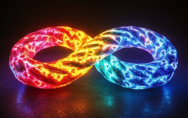 Poster - Colorful glowing Gordian knot made from electrical cables, rainbow hues of red, yellow, blue, and green, set against a dark, atmospheric background for a dramatic effect