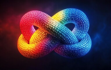 Poster - Colorful glowing Gordian knot made from electrical cables, rainbow hues of red, yellow, blue, and green, set against a dark, atmospheric background for a dramatic effect