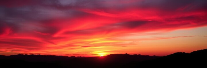 Wall Mural - vibrant orange and pink hues illuminate the sky as the sun sets behind a silhouetted mountain range,