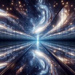 Poster - A vast galaxy reflected in mirrored walls with spiraling stars a