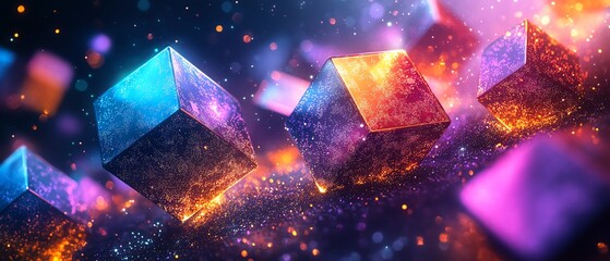 Poster - Geometric neon structures with vibrant colors, glowing lights in cyberspace, futuristic digital world with sharp angles and captivating color contrasts
