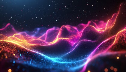 Fototapete - Geometric shapes and structures glowing in vibrant neon colors, dynamic lights in cyberspace, futuristic digital landscape with sharp lines and abstract forms