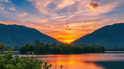 Wall Mural - vibrant sunset over a tranquil lake surrounded by lush green trees and mountains in the background, 