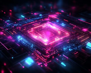 Poster - Neonlit geometric shapes in cyberspace, colorful structures glowing with bright digital lights, dynamic and futuristic design with abstract forms and hightech aesthetics