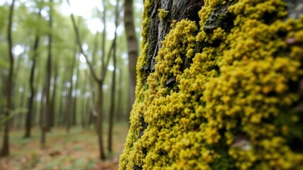 Close-up view of lichen moss growing on a tree trunk in a lush forest, wilderness, close-up