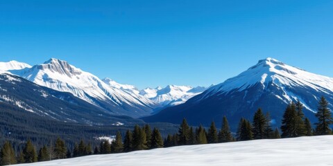 Wall Mural - Scenic view of snow-capped mountains in Scandinavia with clear blue skies and pine forests below, outdoors, Nordic