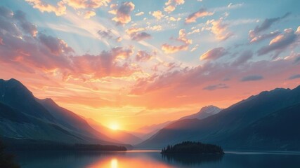 Wall Mural - a stunning landscape painting showcasing a beautiful sunset over a serene lake surrounded by majesti