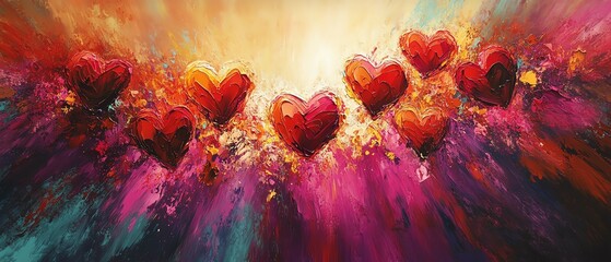Poster - Vibrant 2D abstract art featuring a burst of colorful hearts, radiant reds, pinks, and purples exploding across the canvas, dynamic and emotional design