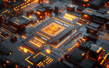 Aufkleber - 3D rendering of a futuristic computer motherboard, intricate circuit patterns symbolizing digital communication, glowing elements representing modern technology and innovation