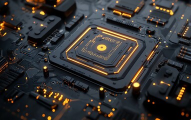 Aufkleber - 3D rendering of a futuristic computer motherboard, intricate circuit patterns symbolizing digital communication, glowing elements representing modern technology and innovation