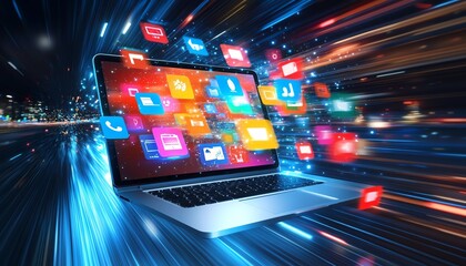 Aufkleber - A laptop displaying numerous colorful digital icons and apps hovering in midair, symbolizing online connectivity and the world of modern technology, dynamic and futuristic design