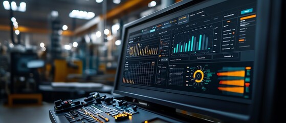 Leinwandbilder - Futuristic control interface with realtime analytics and performance charts, advanced dashboard in an industrial setting, showcasing technologydriven decisionmaking