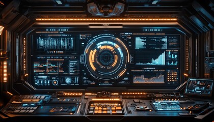 Aufkleber - Hightech control panel featuring performance analytics and realtime data charts, set in a futuristic industrial environment for optimizing decisionmaking and performance