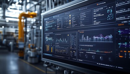 Aufkleber - Hightech control panel featuring performance analytics and realtime data charts, set in a futuristic industrial environment for optimizing decisionmaking and performance