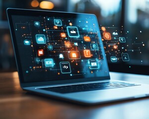 Aufkleber - Laptop showcasing vibrant digital icons and apps in midair, representing online connectivity, technology, and the vast network of digital tools and platforms