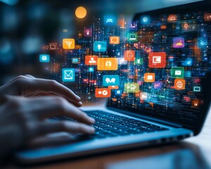 Aufkleber - Laptop showcasing vibrant digital icons and apps in midair, representing online connectivity, technology, and the vast network of digital tools and platforms