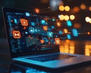 Aufkleber - Laptop showcasing vibrant digital icons and apps in midair, representing online connectivity, technology, and the vast network of digital tools and platforms