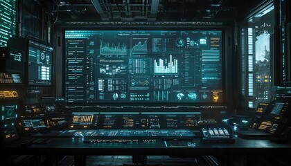 Aufkleber - Realtime analytics and performance charts displayed on a hightech control interface, part of a futuristic industrial setting, emphasizing datadriven decisionmaking