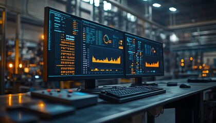Leinwandbilder - Realtime analytics and performance charts displayed on a hightech control interface, part of a futuristic industrial setting, emphasizing datadriven decisionmaking