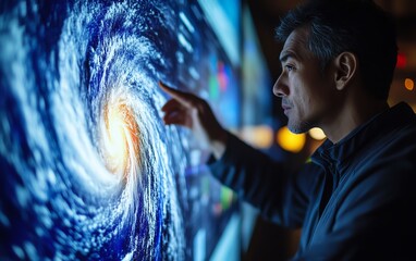 storm analysis by a meteorologist on a large display, showing wind patterns, storm intensity, and im