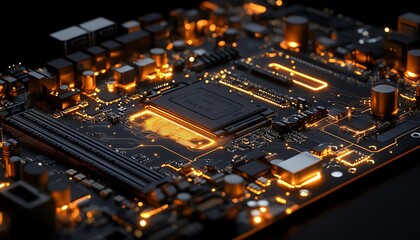 Poster - 3D rendered futuristic motherboard with illuminated circuits, interconnected digital pathways, representing modern technology, communication, and innovation