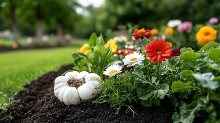 Wall Mural - Vibrant and colorful floral garden with blooming daisy marigold and other flowers in a lush outdoor landscape setting  Peaceful and serene natural environment with green foliage plants and soil