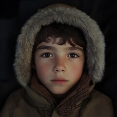 Close-up Portrait of a Young Boy with Serious Expression in a Fur-lined Hood