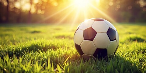 A soccer ball sits on a grassy field, basking in the warm glow of a setting sun. The lush green grass and golden light create a serene and idyllic scene, evoking a sense of relaxation and joy.