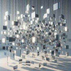 Poster - Individual mirror pieces hang at different levels moving slightl