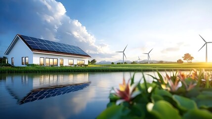 Wall Mural - Peaceful and picturesque rural landscape featuring a residential home with solar panels on the roof surrounded by wind turbines all reflected in the calm waters of a serene lake at sunset