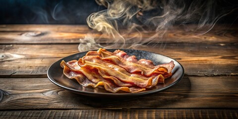 Wall Mural - Crisp, Golden Bacon Strips, Fresh From The Pan, Still Steaming on a Rustic Wooden Table