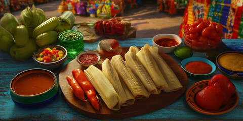 Wall Mural - Mexican Tamales with Salsas and Sauces