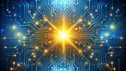 A luminous, star-like burst of energy radiates from the central hub of a complex circuit board, illuminated by a kaleidoscope of vibrant blue and yellow pathways.